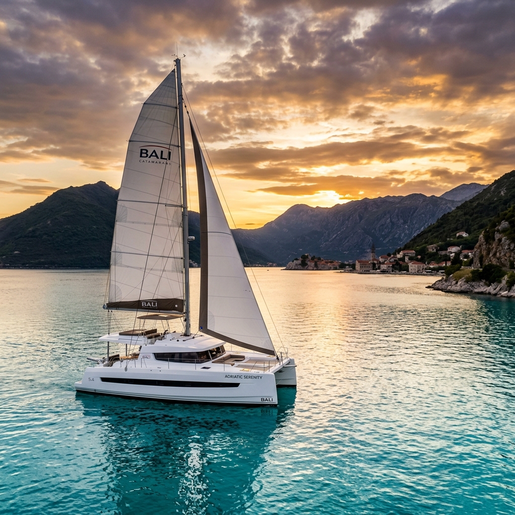 Bali catamaran in Montenegro bay at sunset